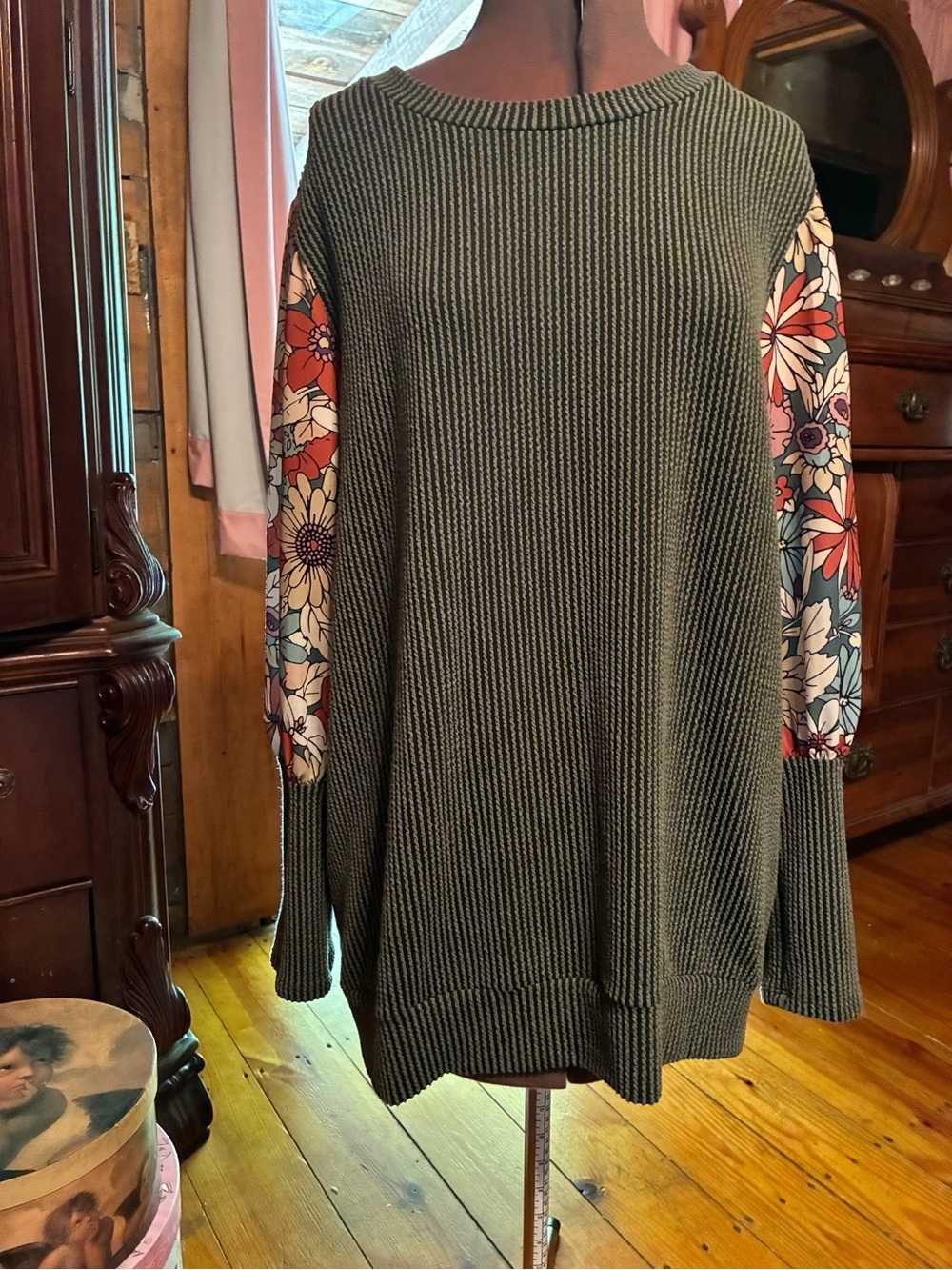 Lovely Melody Olive Green Ribbed Top with Floral Puff Sleeves